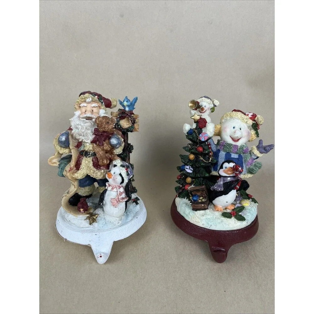 2 VTG Cast Iron Christmas Stocking Hangers- Santa Penguin, Snowman Penguin